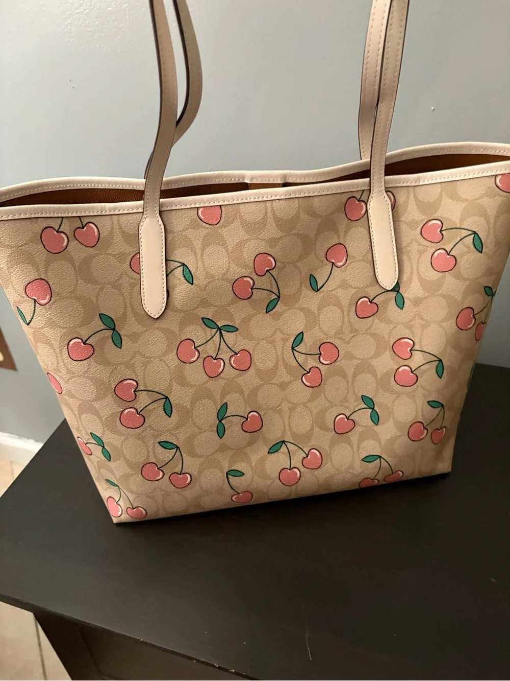 Cherry Print Tote Bag in Beige and Pink